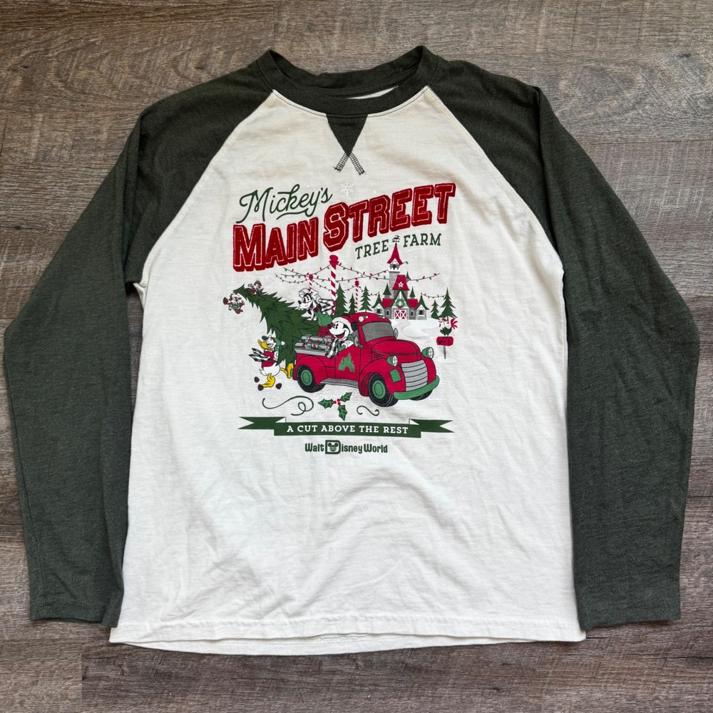 Disney Parks Mickey Main Street Tree Farm Raglan Shirt M Embroidered Green White